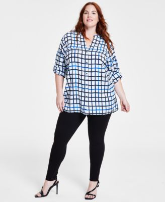 Shop Calvin Klein Plus Size Windowpane Print Utility Shirt Pull On Skinny Compression Pants In Black