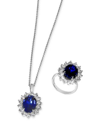 Effy Collection Effy Lab Grown Sapphire Lab Grown Diamond Halo Pendant Necklace Ring Collection In 14k White Gold