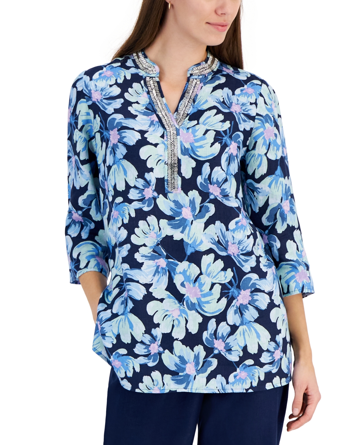 Petite 100% Linen Bloom Print Split-Neck Tunic, Created for Macy's - Intrepid Blue Combo