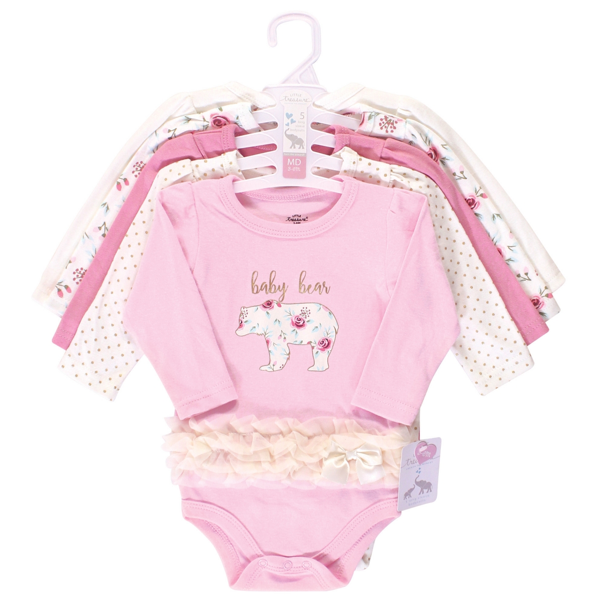 Little Treasure Baby Girls Treasure Baby Cotton Long-Sleeve Bodysuits 5pk,- Floral baby bear