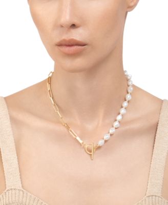 14k Gold-Plated Imitation Pearl & Paperclip Chain 17" Toggle Necklace