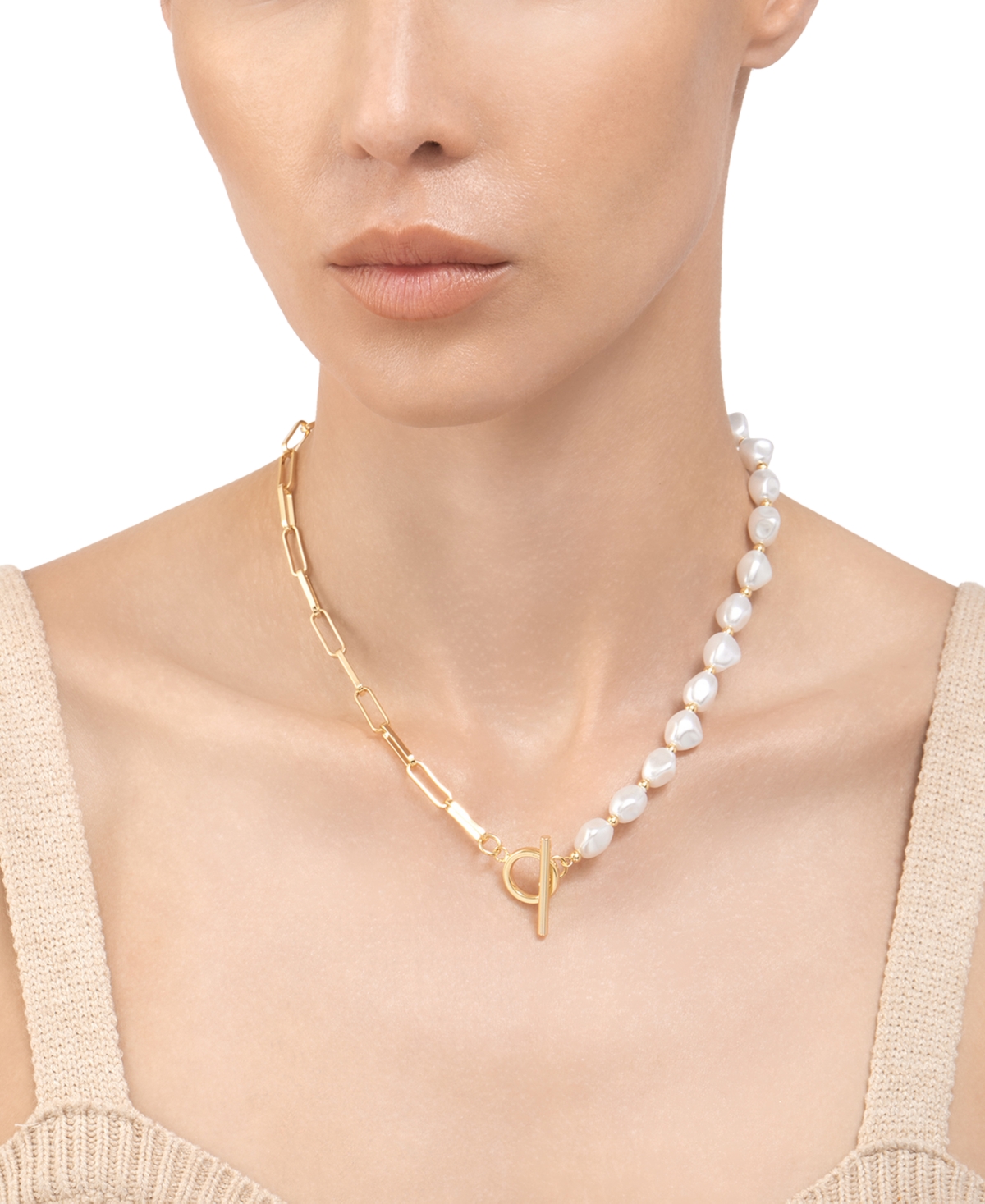 Adornia 14k Gold-plated Imitation Pearl & Paperclip Chain 17" Toggle Necklace In Gold