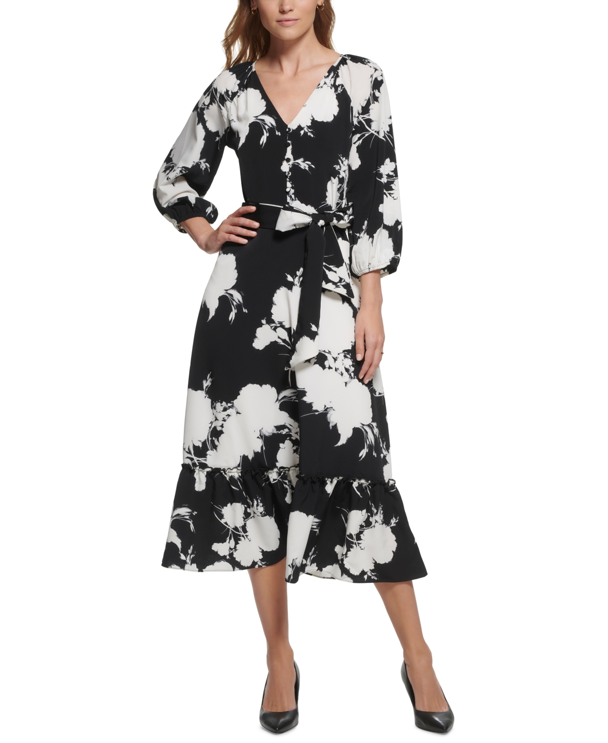 Karl Lagerfeld Women's Floral-print Midi Dress In Black Soft White Multi
