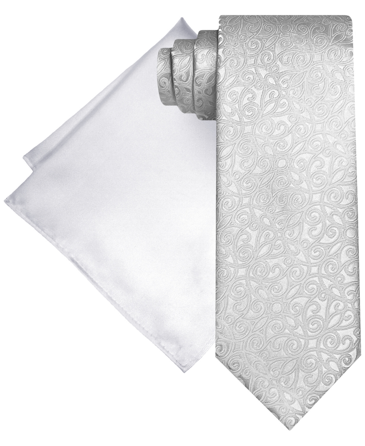 Men's Ornate Textured Tie & Solid Pocket Square Set - White