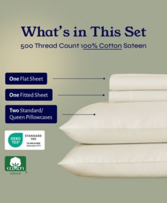 Extra Long Staple 500 Thread Count Cotton Sateen Weave 4 Piece Sheet Set, Queen