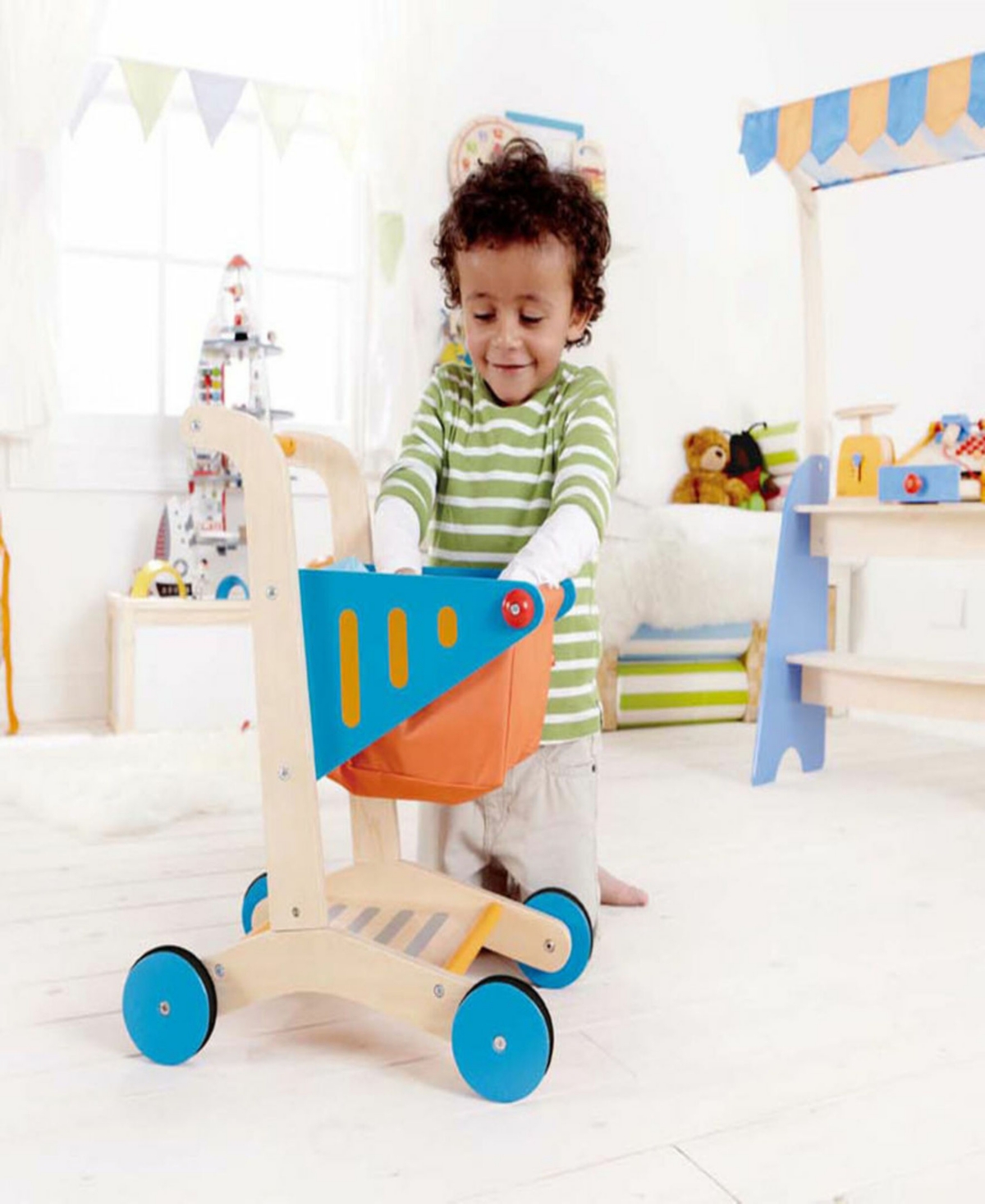 Hape Wooden Orange Blue Shopping Cart In Multi