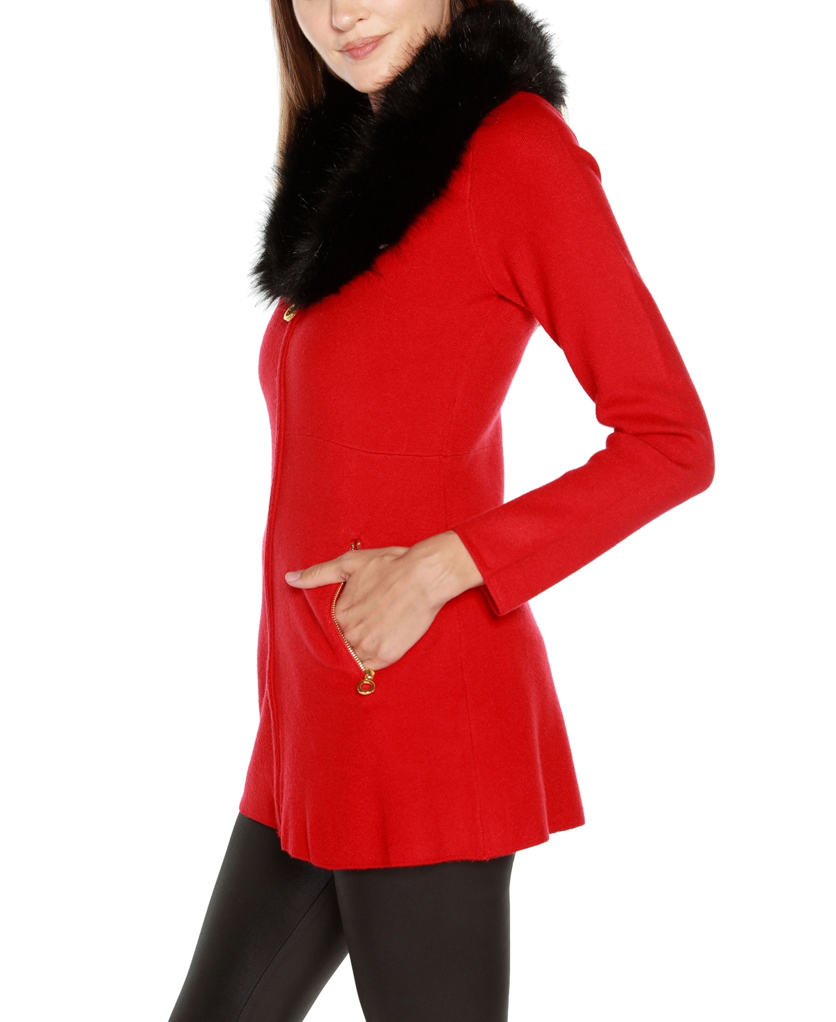 Belldini Women's Black Label Faux Fur Collar Cardigan Sweater In Deep Emerald,black