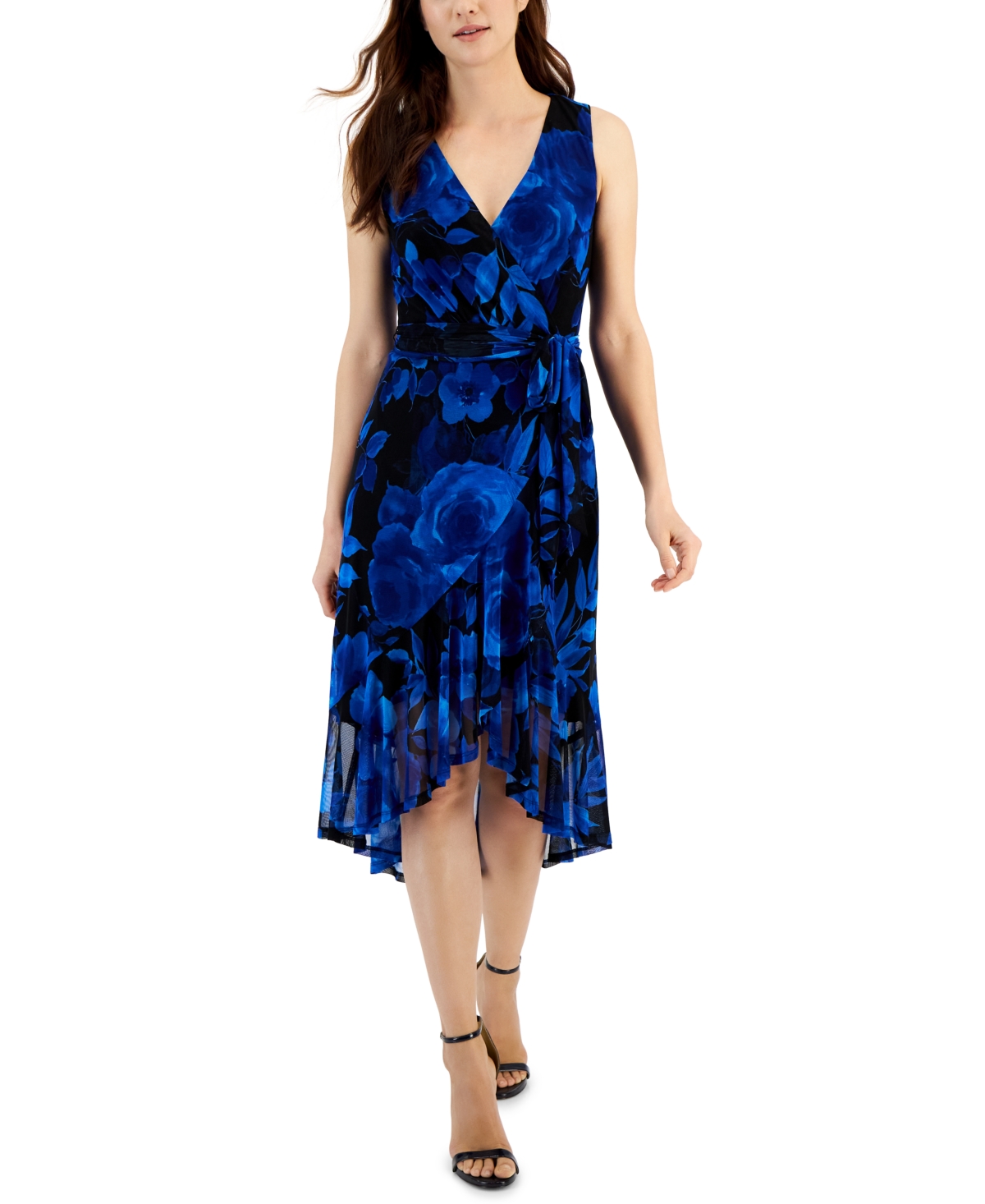 Connected Women's Printed Ruffled-hem Tie-waist Wrap Dress In Cobalt Blue