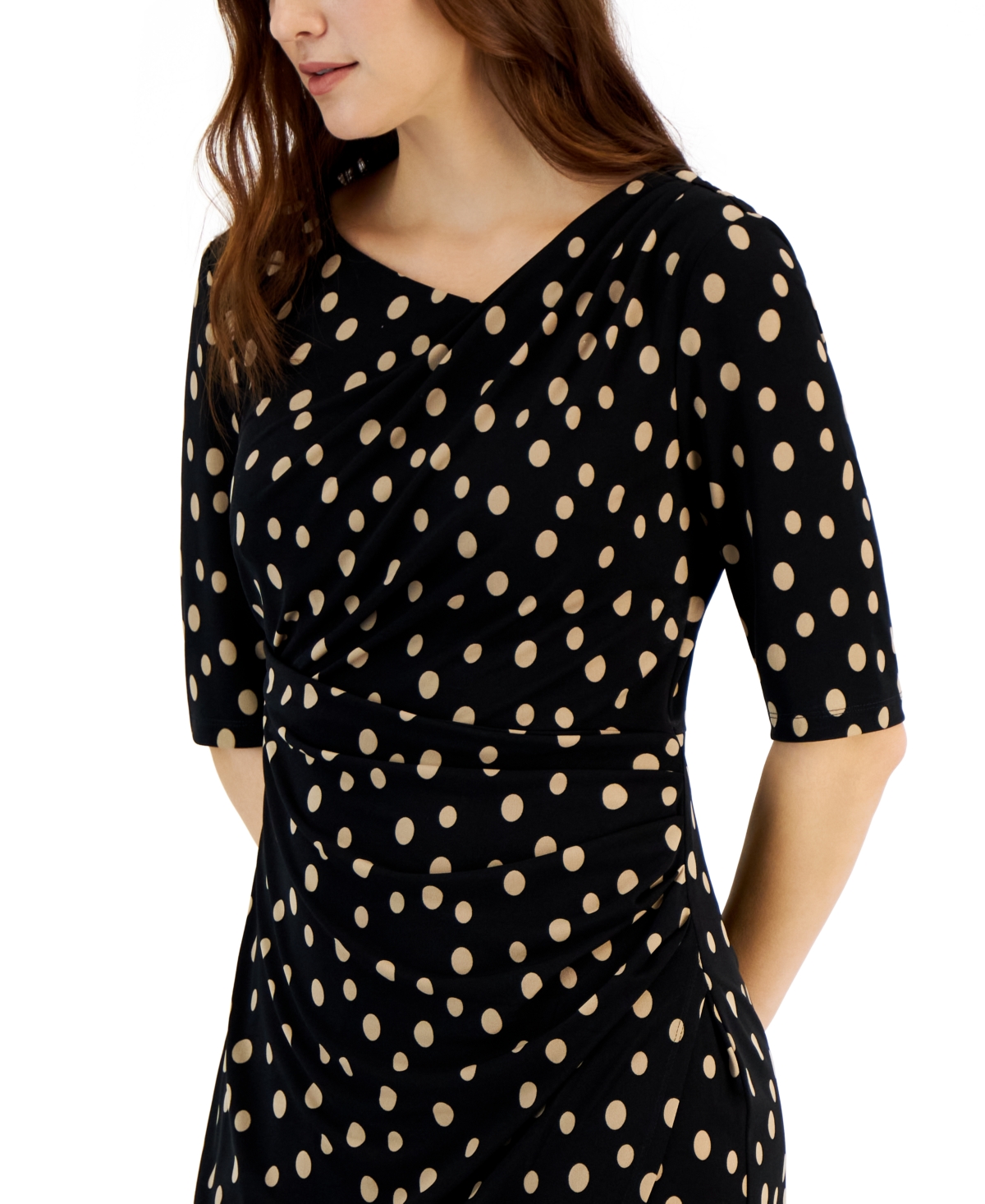 Shop Connected Women's Dot-print Asymmetrical-neck Faux-wrap Dress In Camel