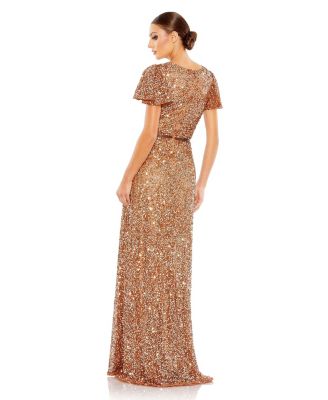 Women's Sequined Wrap Over Butterfly Sleeve Draped Gown