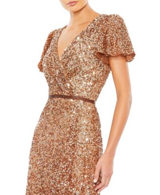 Women's Sequined Wrap Over Butterfly Sleeve Draped Gown