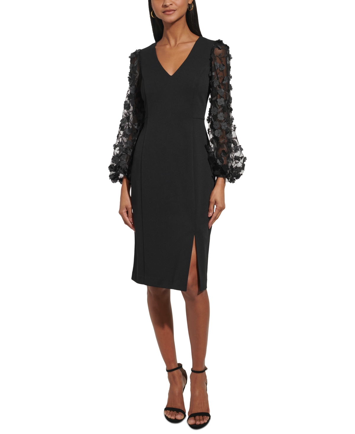 Women's Floral-Sleeve Scuba-Crepe Dress - Black
