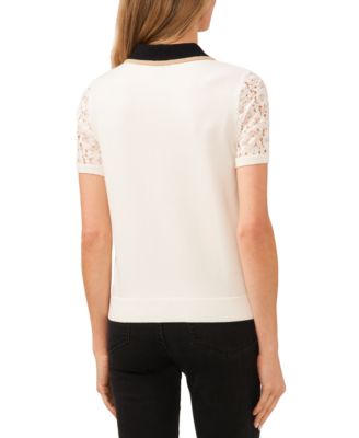 Women's Short Sleeve Polo Collar Sweater with Lace Sleeves