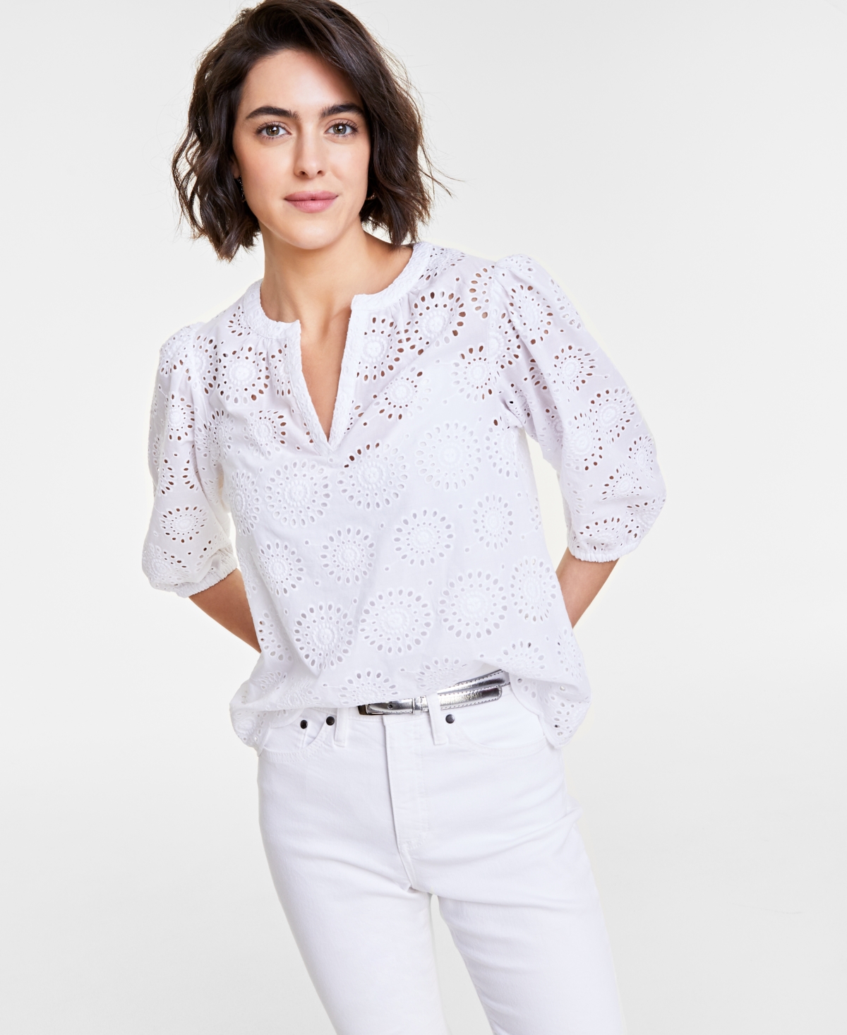 Women's Solid Eyelet Puff-Sleeve Blouse, Created for Macy's - Strawberry