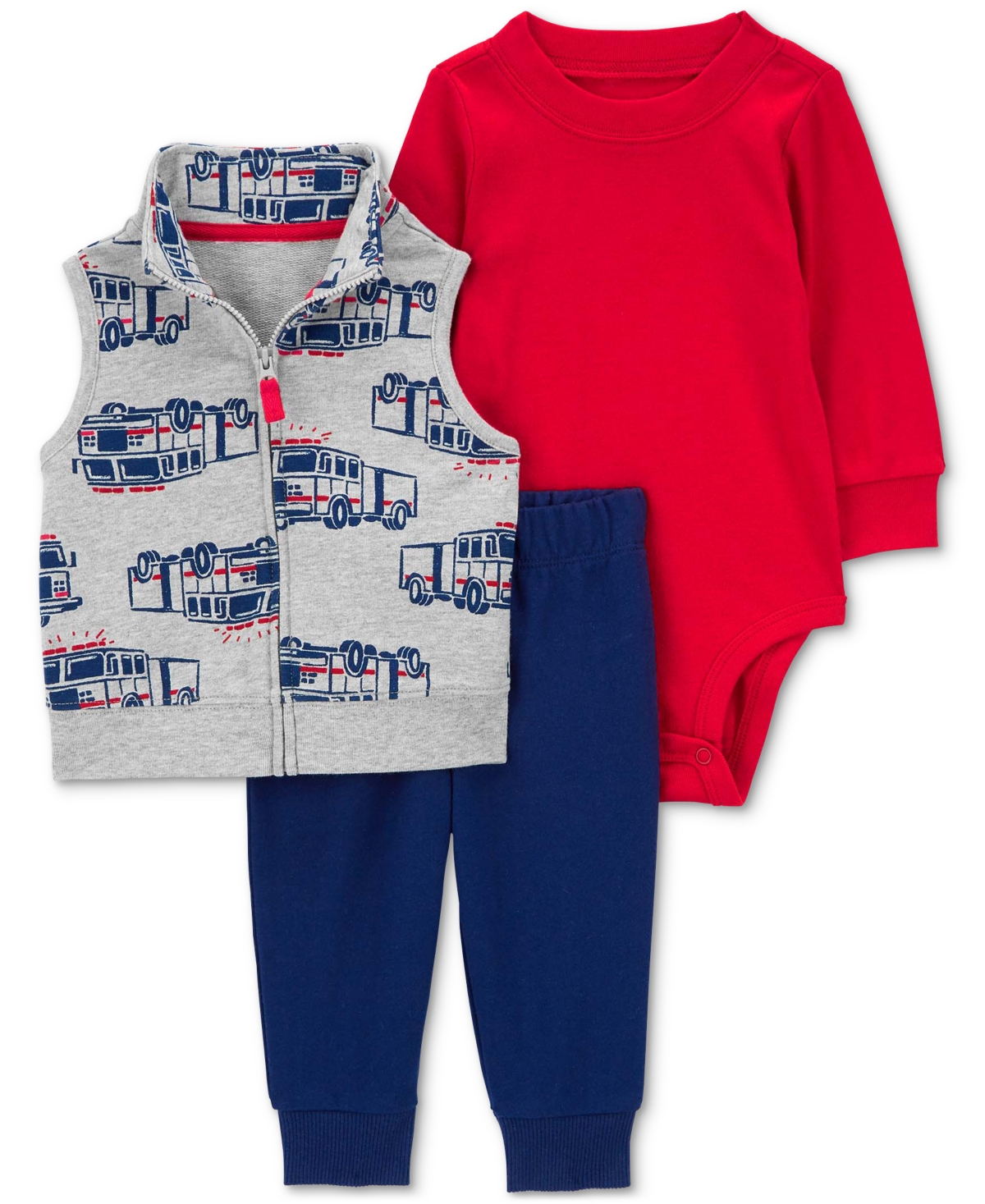 Carter's Baby Boys Fire Truck Little Vest, Bodysuit And Pants, 3 Piece Set In Heather,navy,red