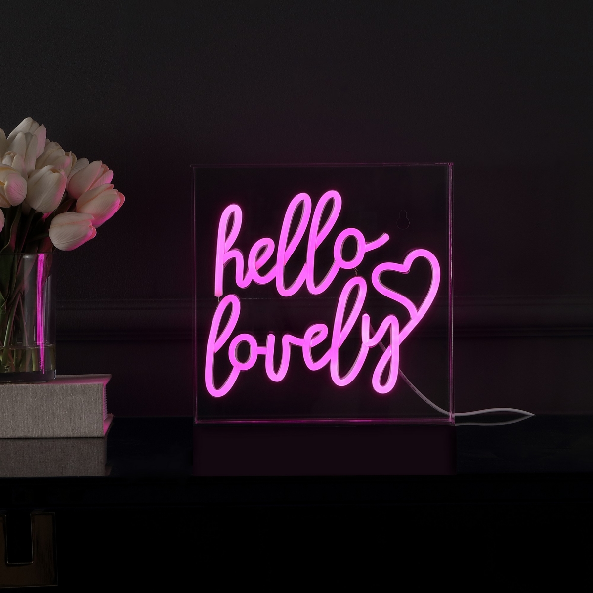 Jonathan Y Hello Lovely Square Contemporary Glam Acrylic Box Usb Operated Led Neon Light Lamp