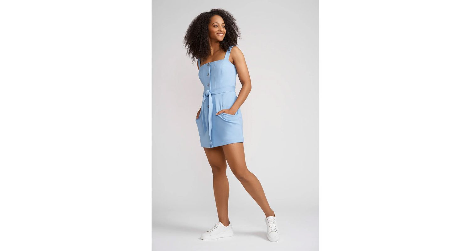 Women's Taylor Button Front Ponte Mini Dress with Large Front Pockets and Optional Belt