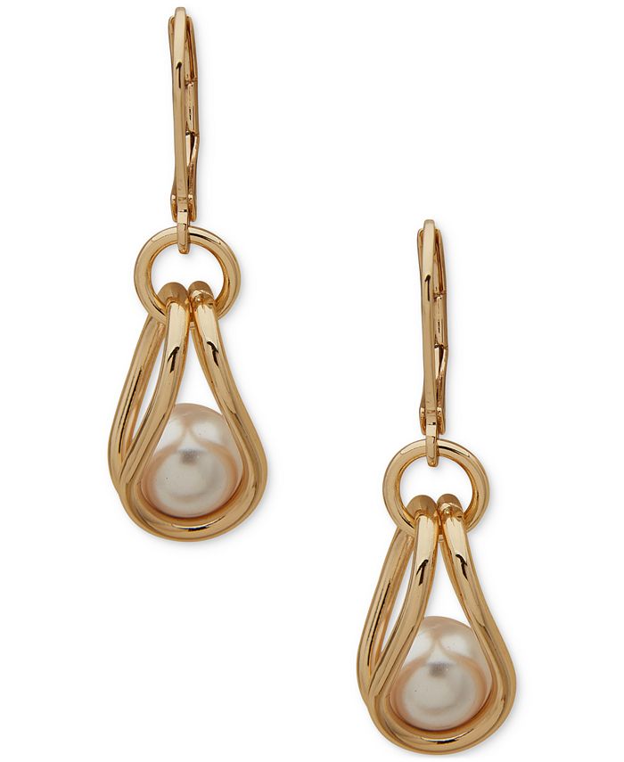 Anne Klein Gold-Tone Link & Imitation Pearl Drop Earrings - Macy's
