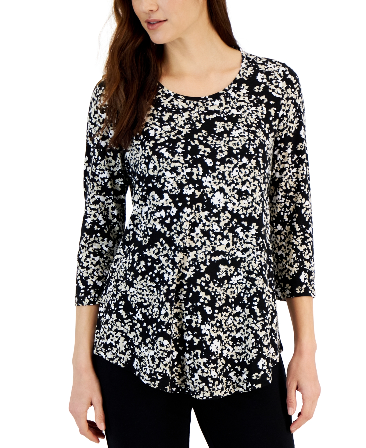 Jm Collection Petite Sea Of Petals Knit Swing Top, Created For Macy's In Deep Black Combo