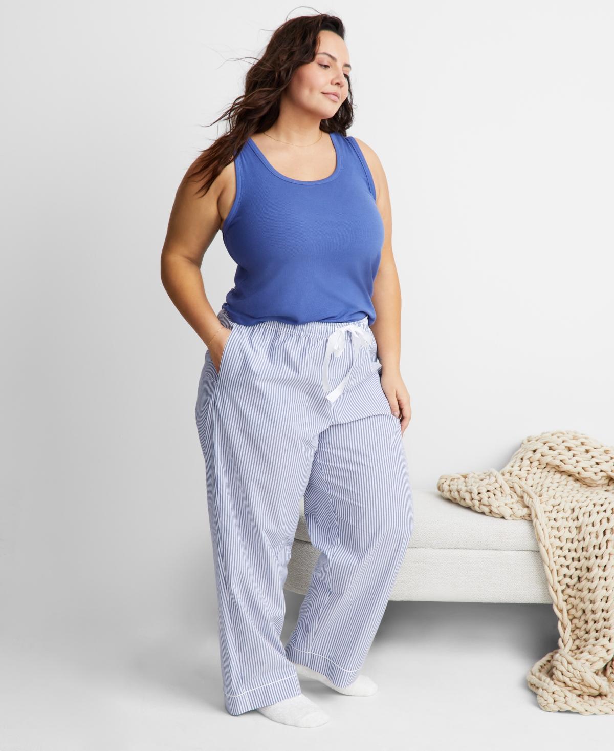 State Of Day Women's Printed Poplin Pajama Pants Xs-3x, Created For Macy's In Blue Stripe