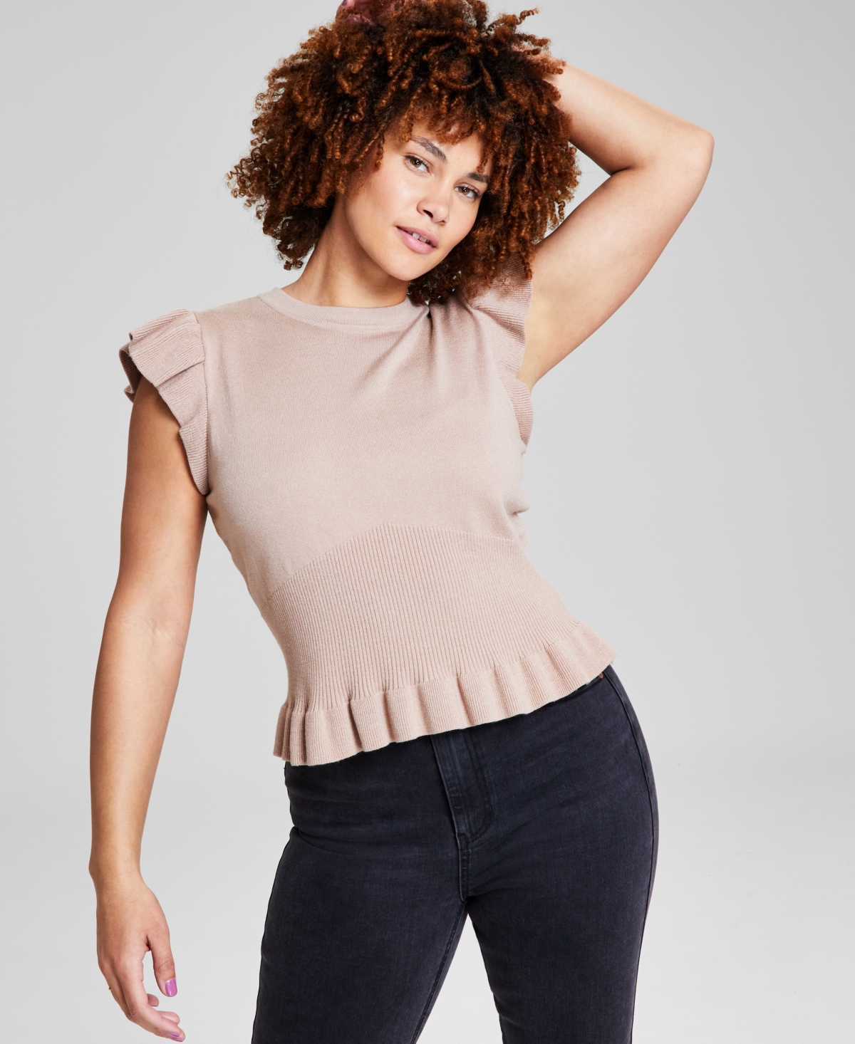 And Now This Women's Flutter-sleeve Peplum Sweater, Created For Macy's In Almond