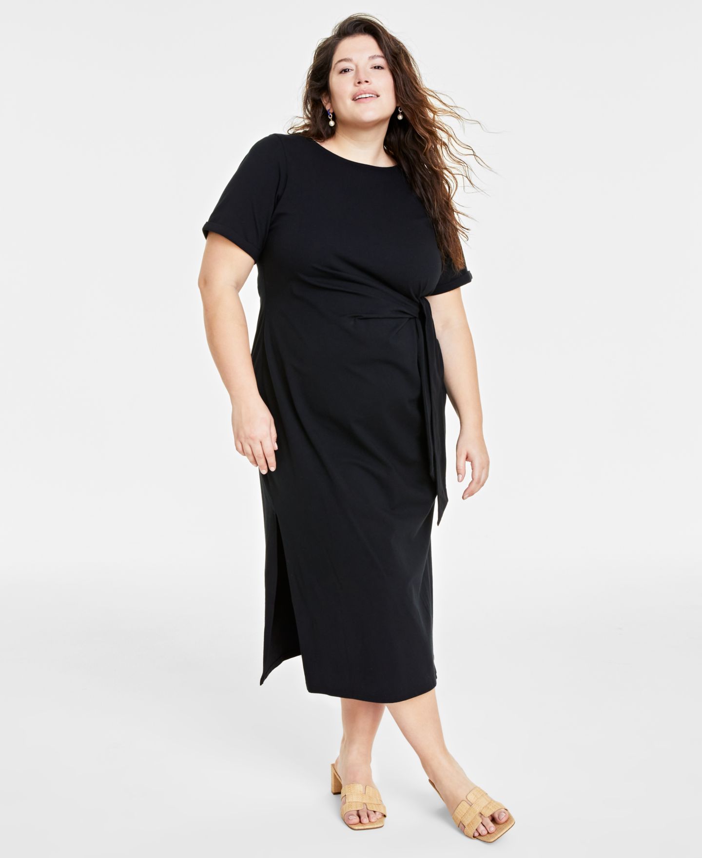 Женское платье On 34th Trendy Plus Size Side-Tie Knit Midi, цвет: Глубокий чёрный — фото 1