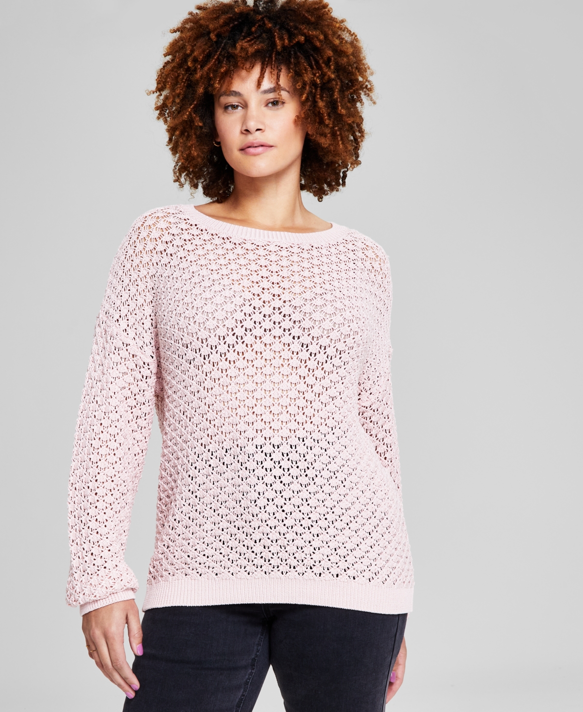 And Now This Women's Pointelle-knit Long-sleeve Sweater, Created For Macy's In Lotus Pink