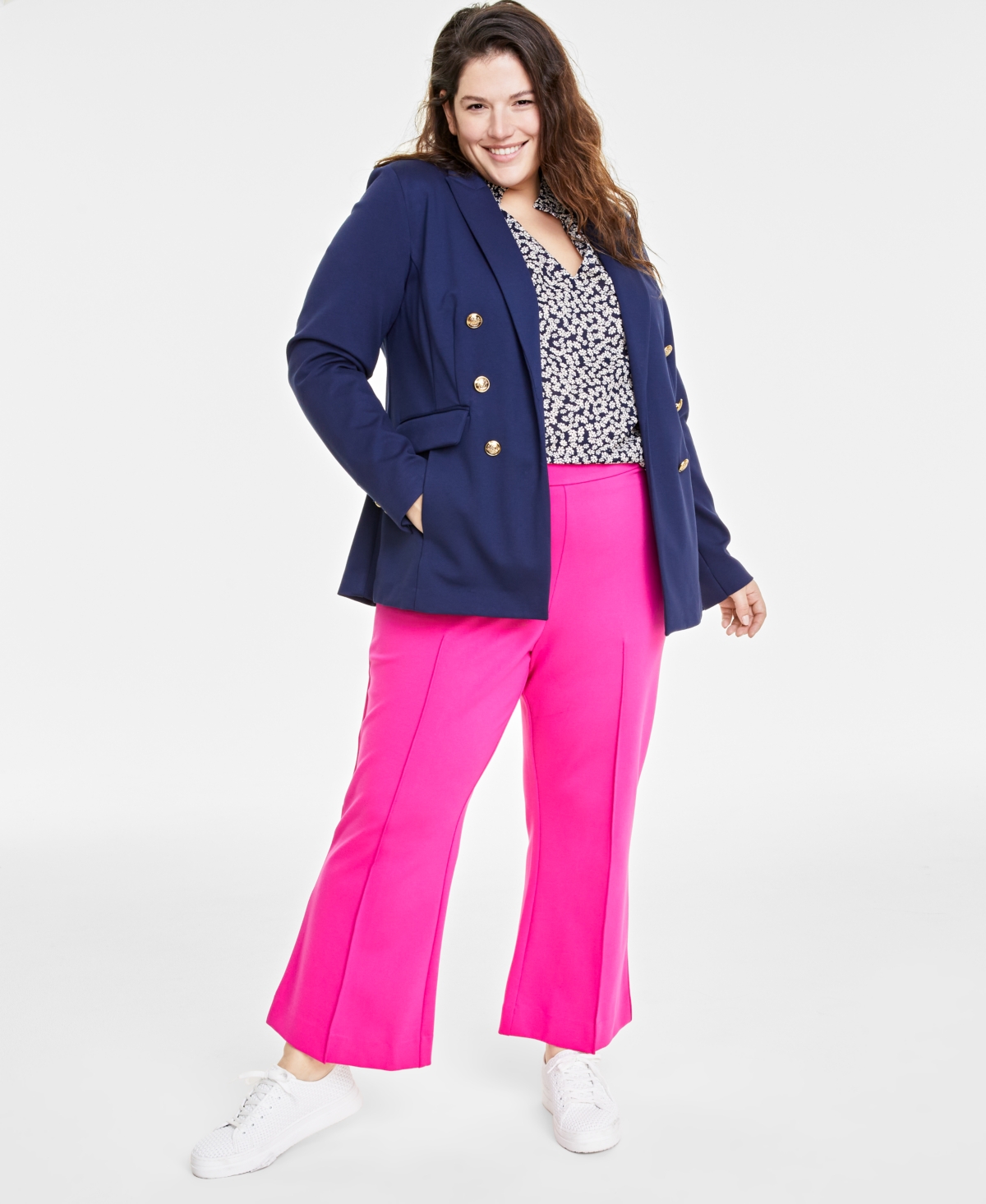 Shop On 34th Trendy Plus Size Faux Double-breasted Ponte-knit Blazer, Created For Macy's In Intrepid Blue