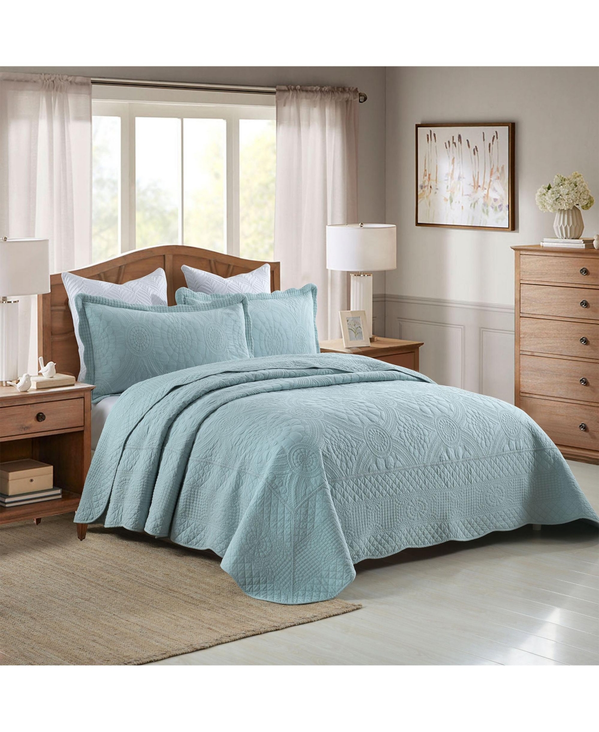 MarCielo 3 Pcs 100% Cotton Oversized Bedspread Quilt Set Embroidery Tf-Queen