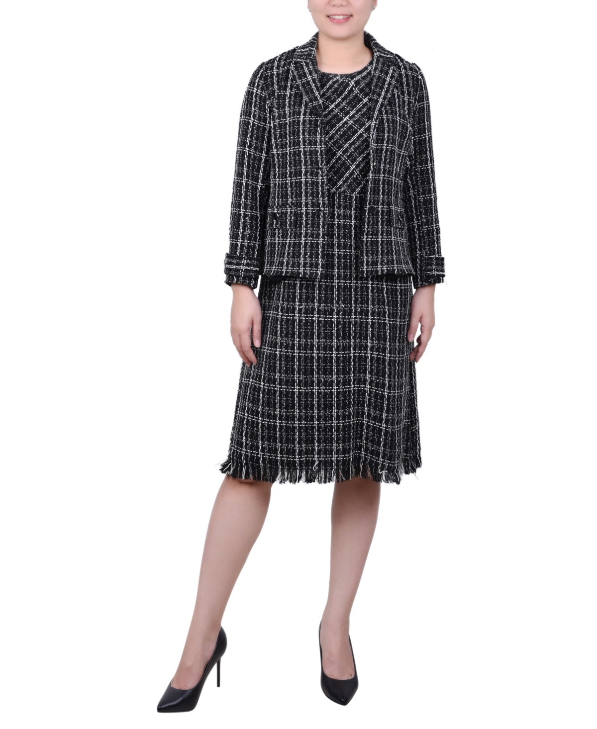 Shop Ny Collection Petite Long Sleeve Tweed Jacket With Dress Set, 2 Piece In Black Ivory