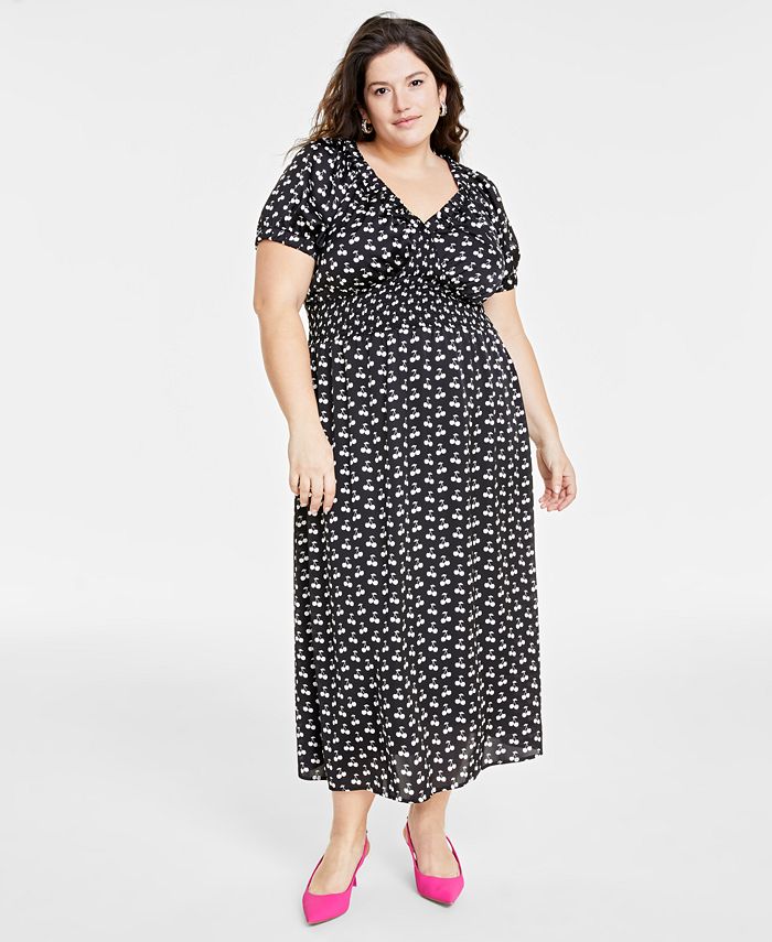 On 34th Trendy Plus Size Cherry Print Smocked Midi Dress, Created for ...
