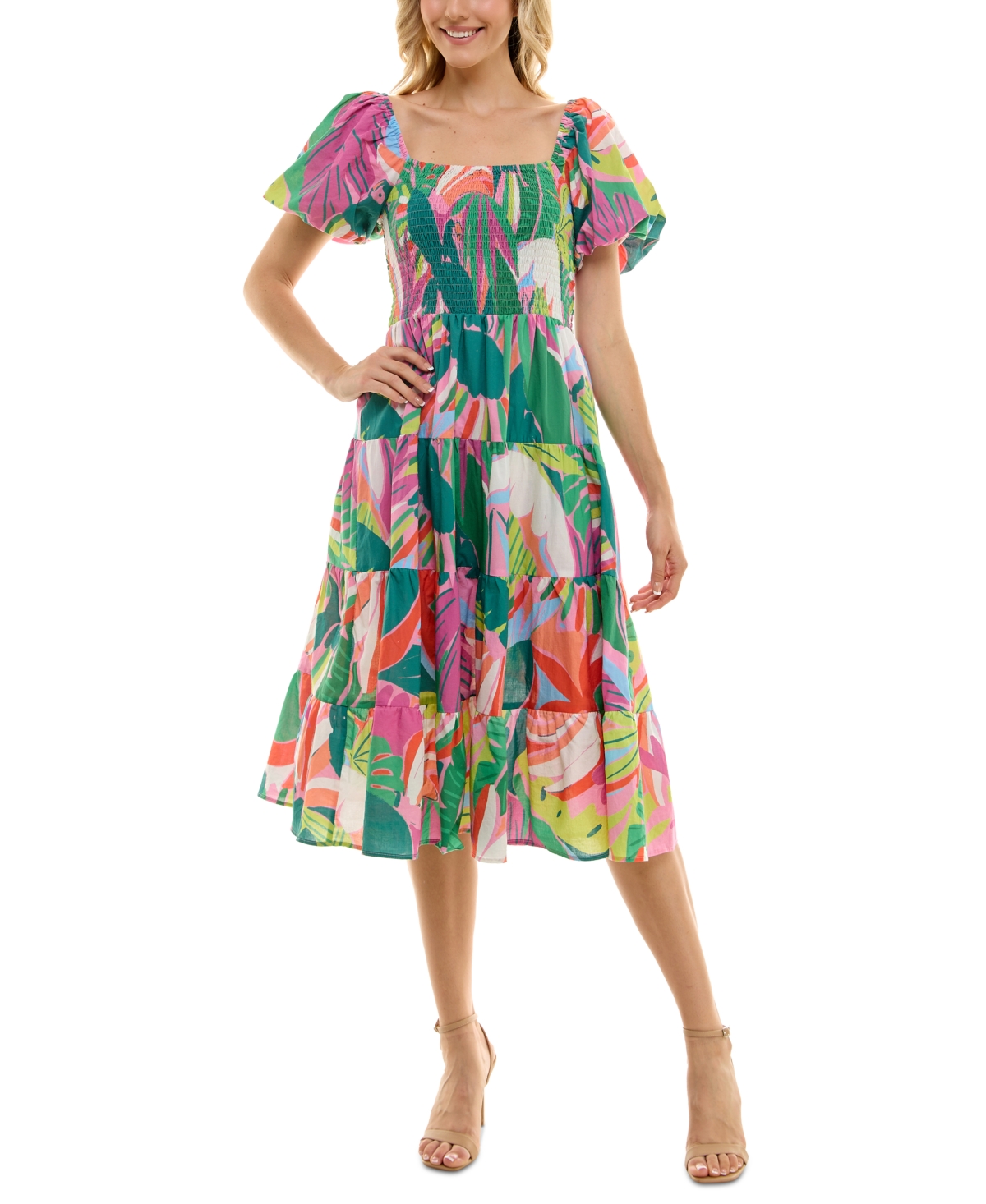 Juniors' Printed Tiered Puff-Sleeve Dress - Pink Multicolor