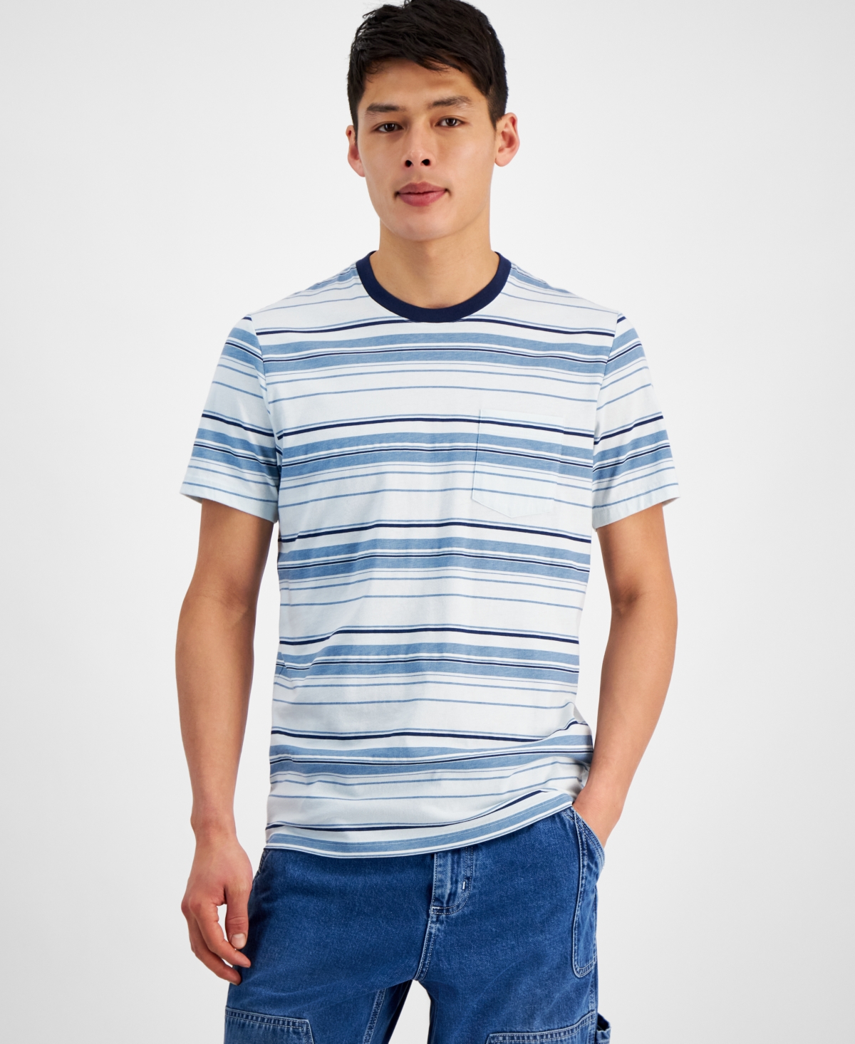 Men's Felix Short Sleeve Crewneck Striped T-Shirt, Created for Macy's - Sea Coral