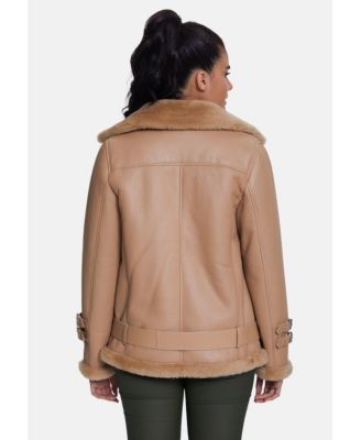 Women's Shearling Belted Biker Jacket, Silky Caramel with Caramel Wool