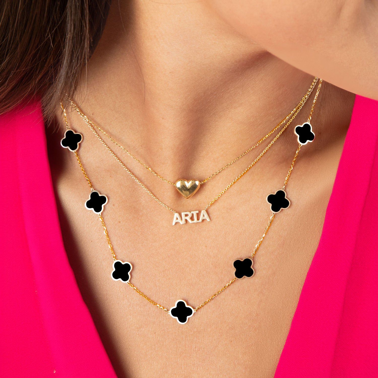 Small Onyx Clover Necklace 14K Yellow Gold