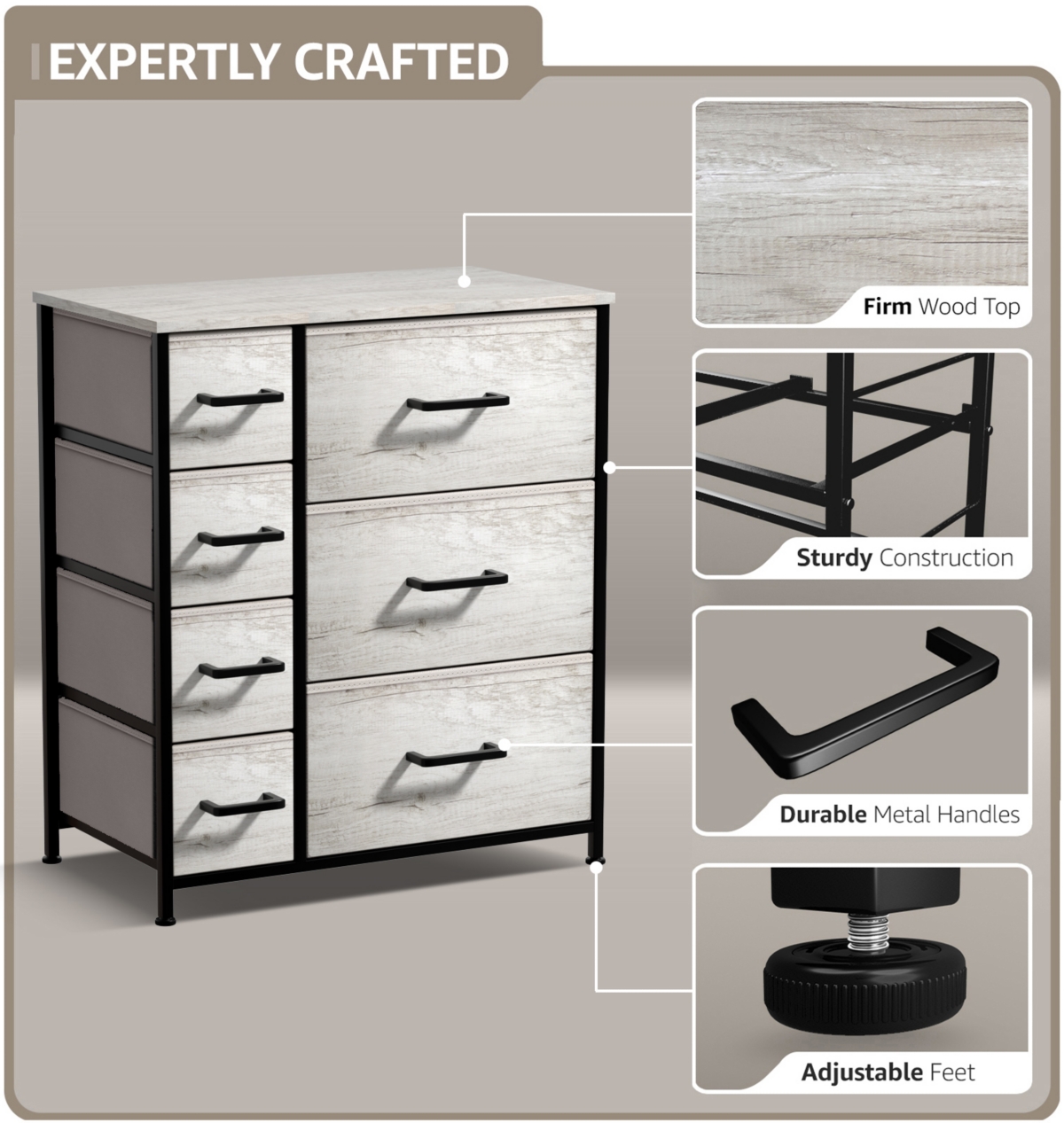 Sorbus Dresser with 7 Drawers - Storage Chest Organizer with Steel Frame, Wood Top, Handles, Fabric Bins