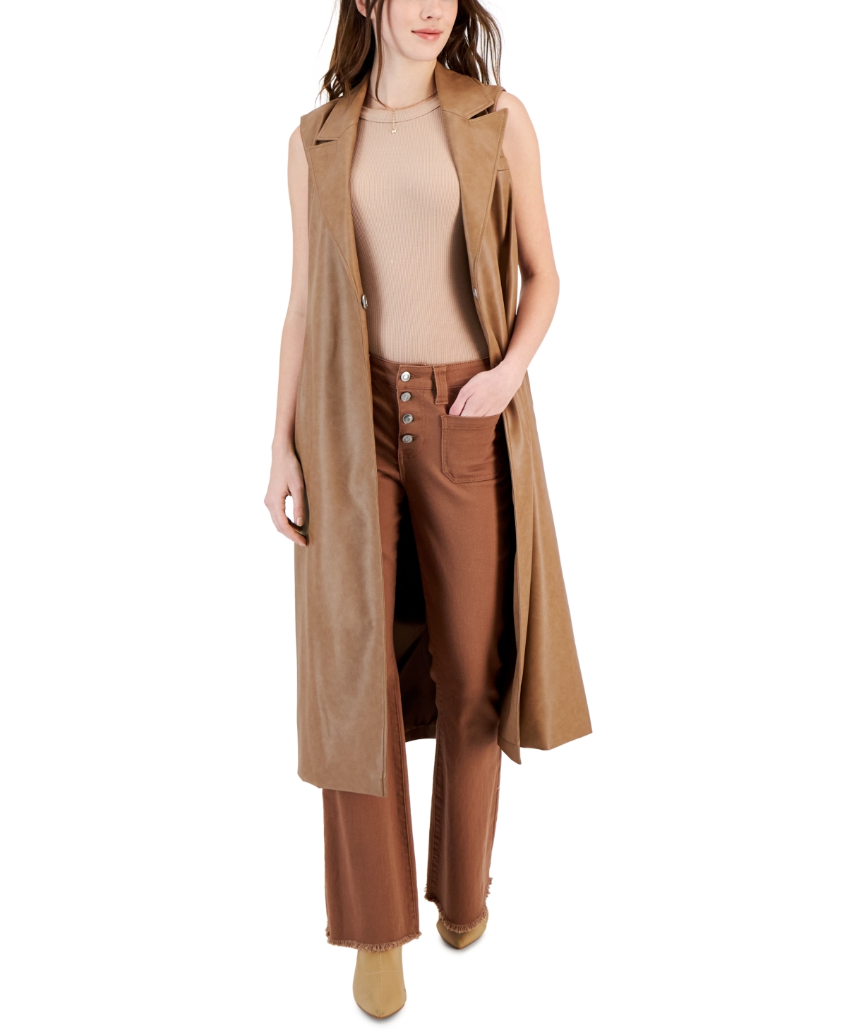 Women's Faux Leather Sleeveless Midi Trench Coat - Fawn