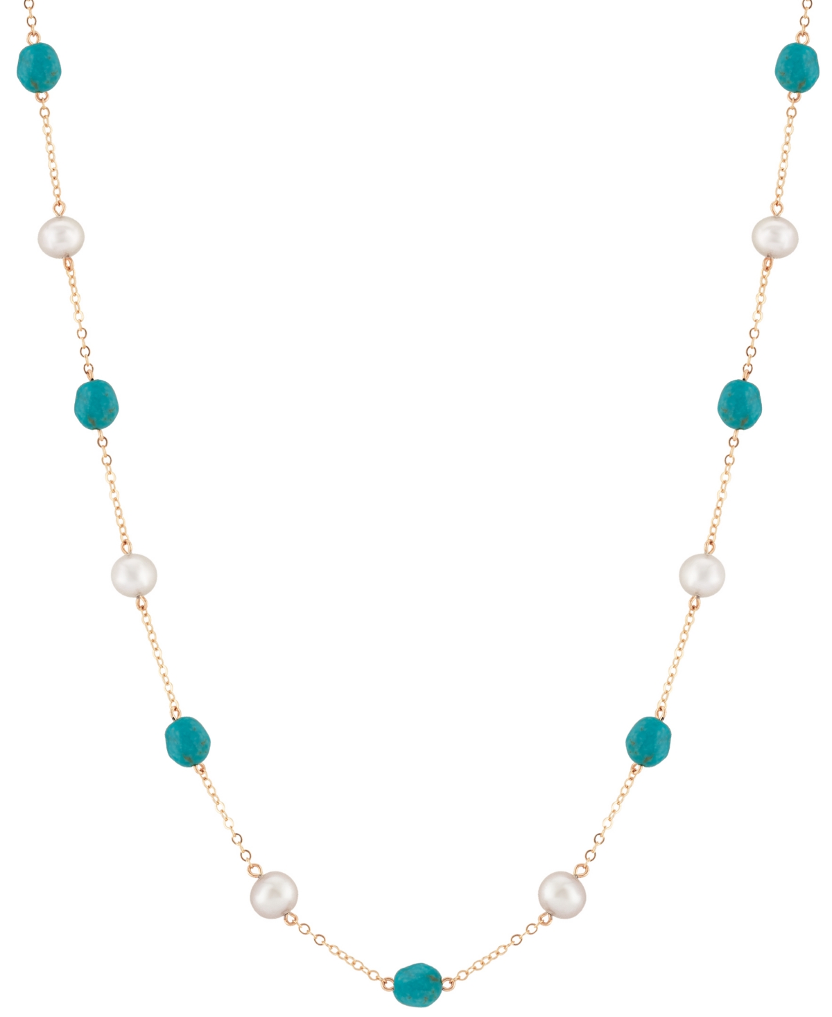 Macy's Turquoise & Freshwater Pearl (8 X 6mm) 18" Collar Necklace In 14k Gold In Turquoise  Pearl