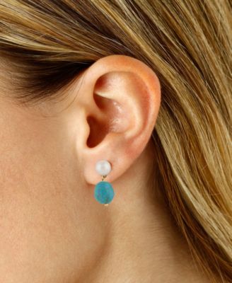 Freshwater Pearl (5mm) & Turquoise Drop Earrings in 14k Gold