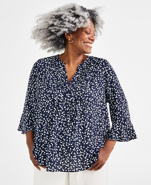 alfani Style & Co Plus Size Printed Pintuck Blouse Exclusively at Macy's Women's Fashion Shoes & Accessories