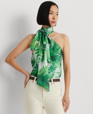 로렌 랄프로렌 Lauren Ralph Lauren Womens Printed Charmeuse Tie-Neck Halter Blouse,Green Multi