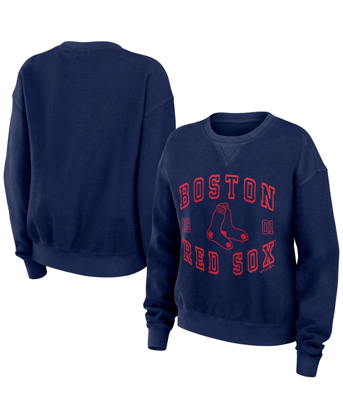 Shop Wear By Erin Andrews Women's  Navy Distressed Boston Red Sox Vintage-like Cord Pullover Sweatshirt