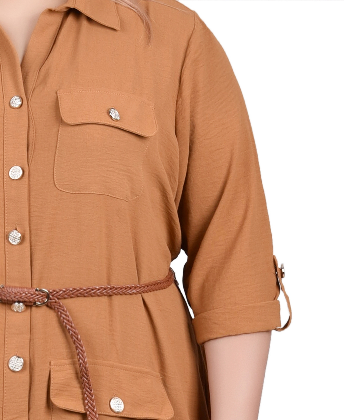 Ny Collection Plus Size 3/4 Sleeve Safari Style Belted Shirt Dress