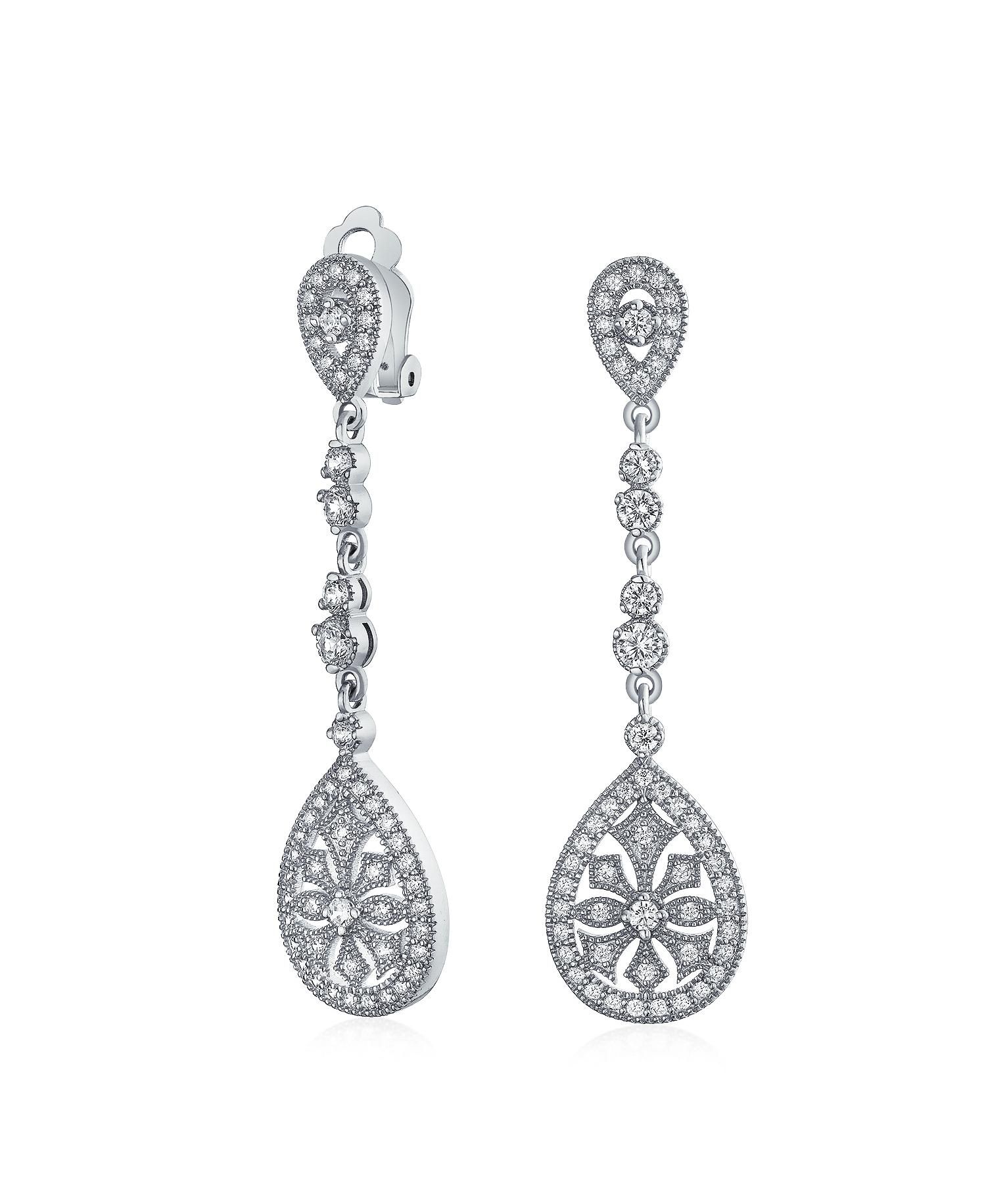 Art Deco Teardrop Rose Gold CZ Chandelier Clip On Earrings Gold Plated