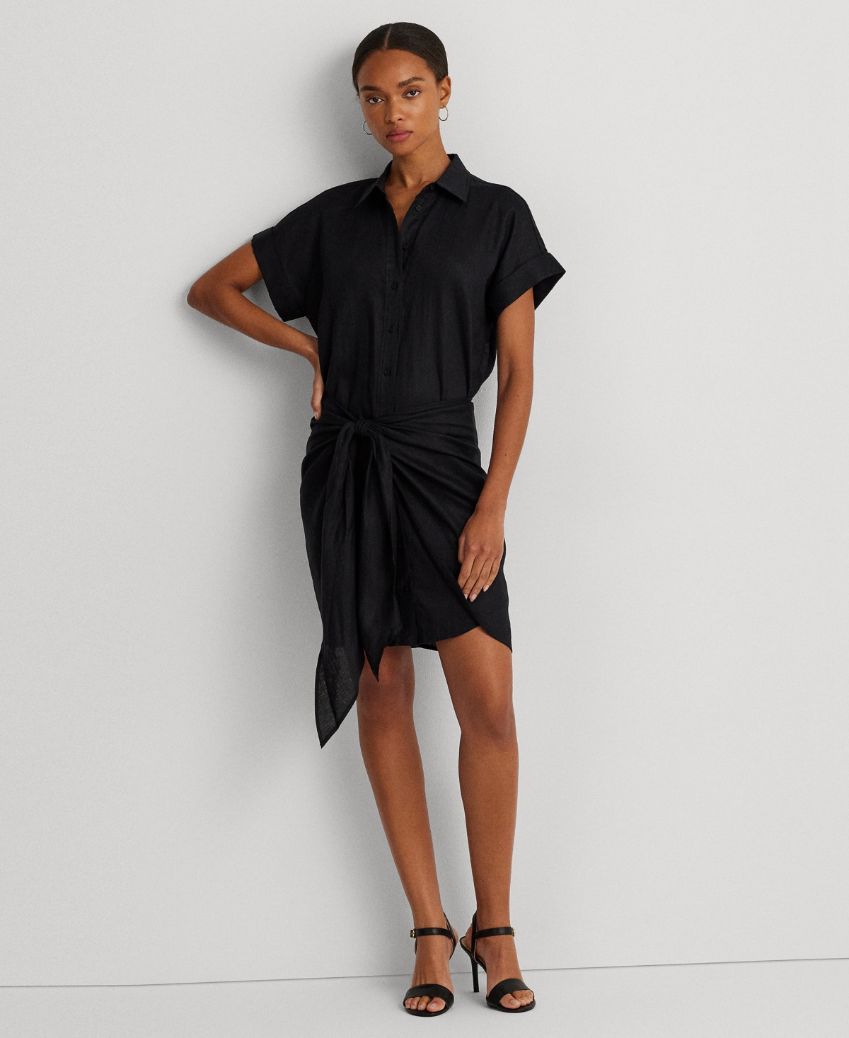Lauren Ralph Lauren Women's Tie-front Linen Shirtdress In Black