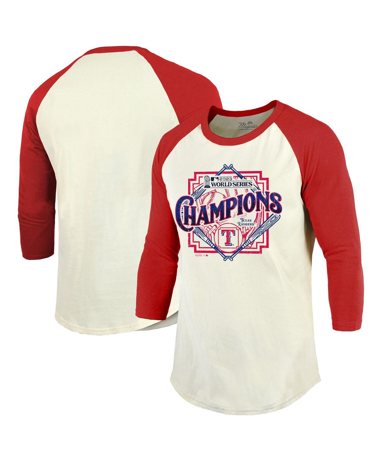 Majestic Men's  Threads Cream, Red Distressed Texas Rangers 2023 World Series Champions Raglan 3/4-sl In Cream,red