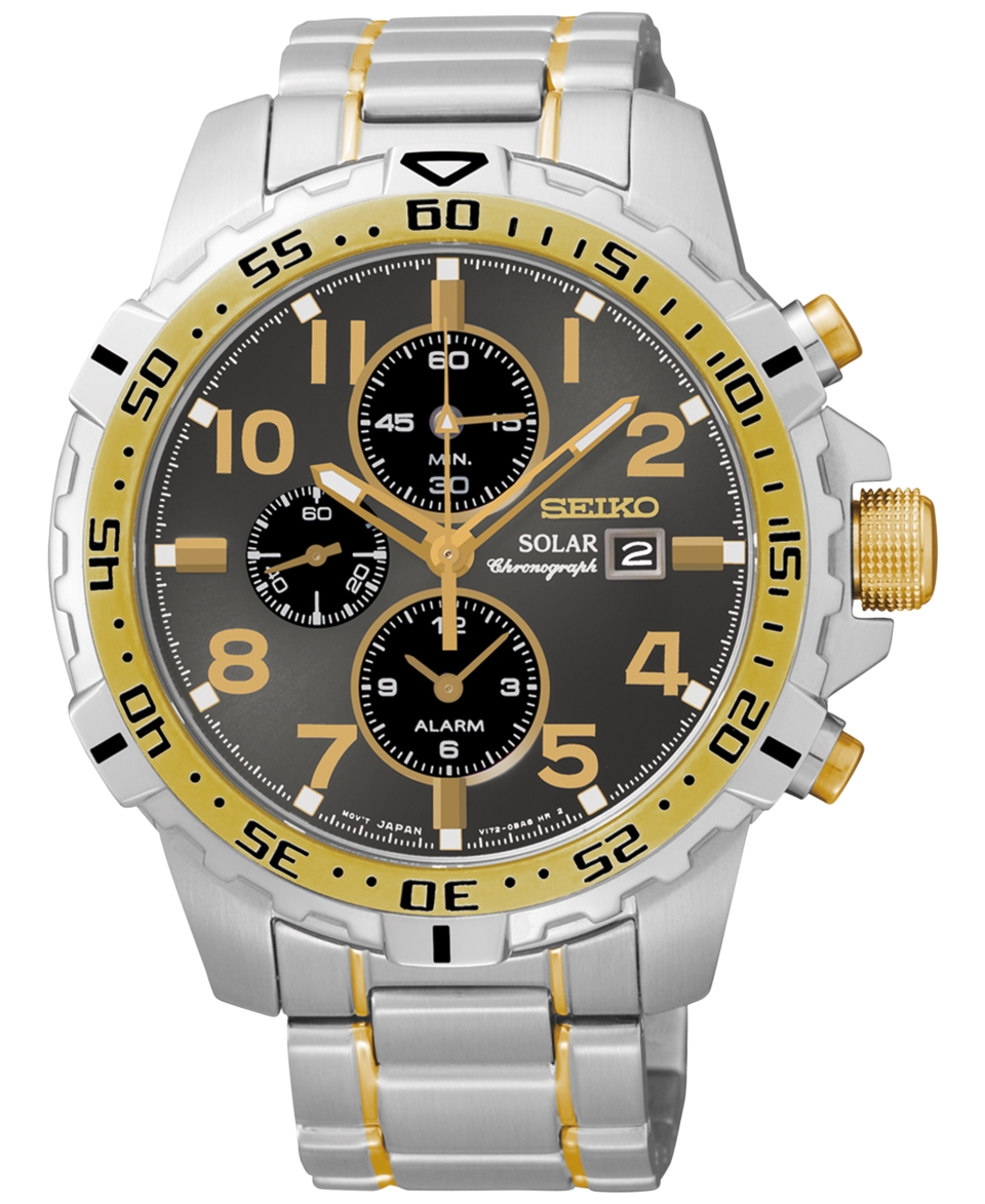 Seiko Mens Solar Alarm Chronograph Two Tone Stainless Steel Bracelet