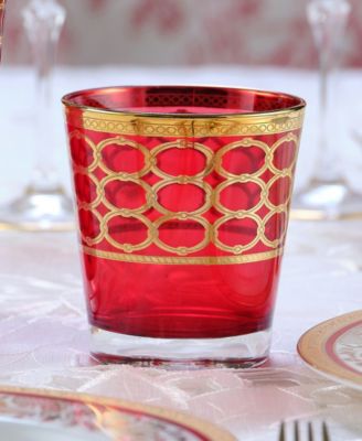Deep Red Colored Double Old Fashion with Gold-Tone Rings, Set of 4