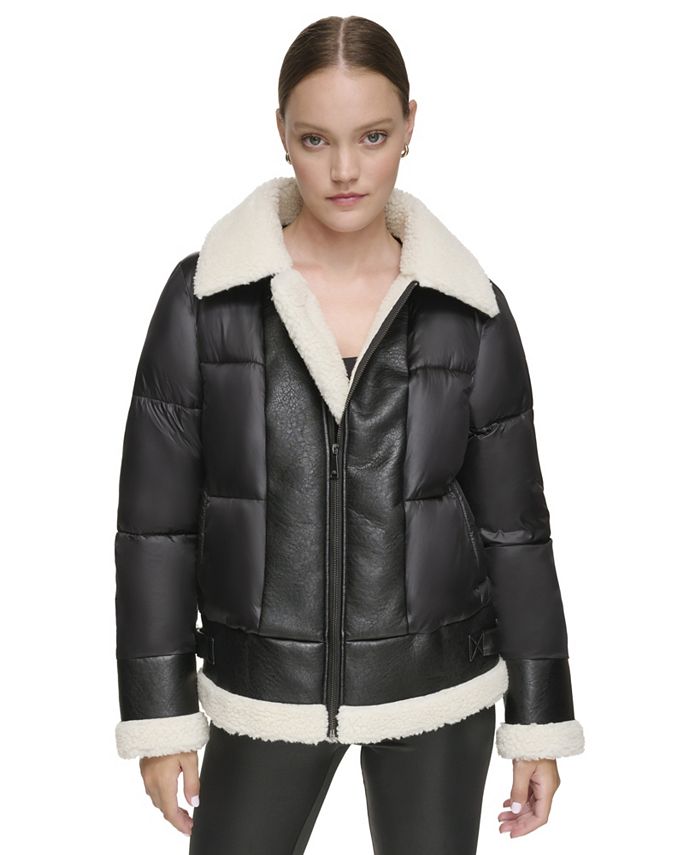 Andrew Marc Sport Women's Mixed Puffer Jacket With Faux Leather and ...
