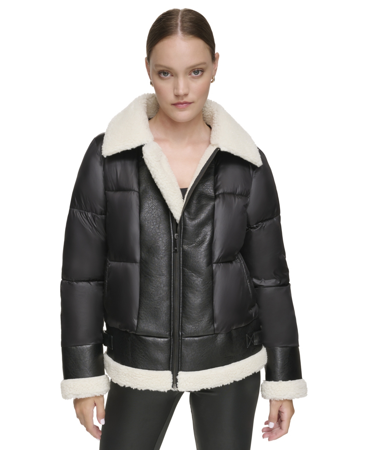 Women's Mixed Puffer Jacket With Faux Leather and Sherpa Trim - Black